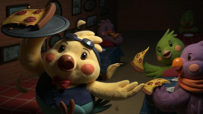 Key Art from Chico's Delivery featuring a bird waiter trying to serve a slice of pizza