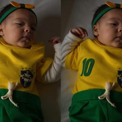 Filha dos ex-BBBs Laís Caldas e Gustavo Marsengo usa look da seleção