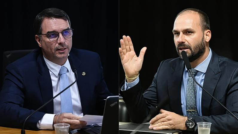 O senador Flávio Bolsonaro (PL-RJ) e o ex-deputado Eduardo Bolsonaro (PL-SP)
