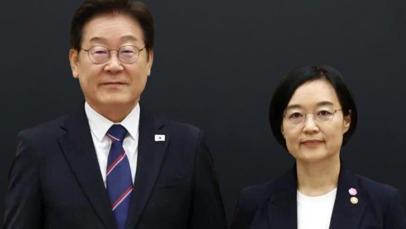 Na imagem, o presidente da Coreia do Sul, Lee Jae Myung e a Ministra das Pequenas e Médias Empresas, Han Seongsook, nomeada para o cargo de primeira-ministra