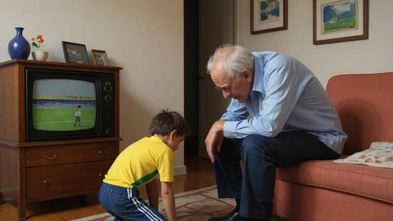 Vô Briguet fica ao meu lado e tenta me consolar. Diz que a vida reserva tristezas muito maiores do que uma derrota na Copa do Mundo. (Foto: Imagem produzida por ChatGPT/Gazeta do Povo)