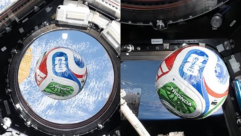 Vídeos e imagens divulgados pela agência espacial mostram a tripulação da viagem ao brincar com o artigo de futebol