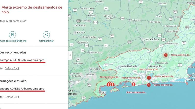 Aviso de emergência exibido em mapa do estado do Rio de Janeiro também incluiu termo 'misantropo'