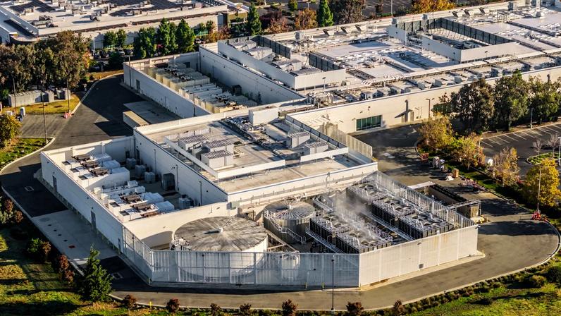 High angle aerial view of a data center in Newark California.