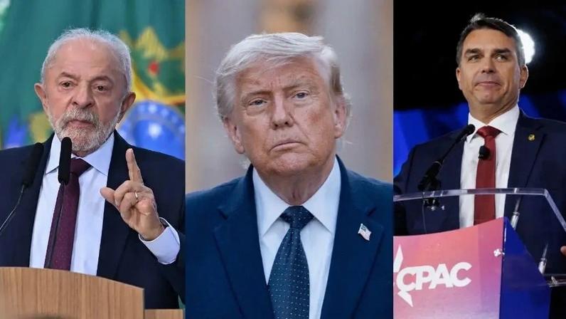 Da esquerda para direita,Luiz Inácio Lula da Silva, Donald Trump e Flávio Bolsonaro. (Ton Molina / Nathan Laine / Shelby Tauber/Bloomberg/Getty Images)