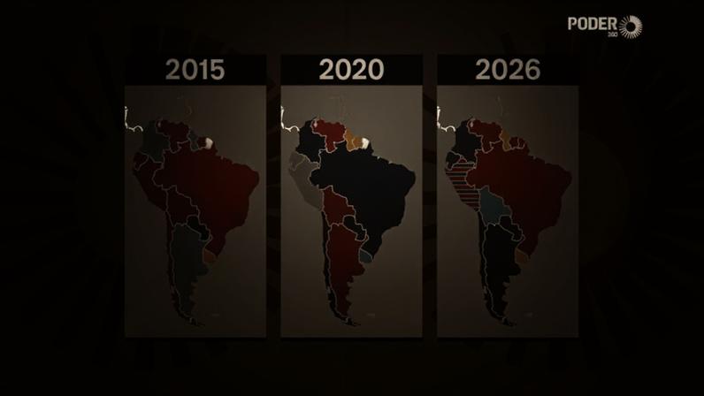Imagem acima mostra o mapa da América do Sul desde 2015, com a divisão entre governos de esquerda, centro e direita