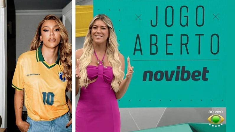 Erika Hilton (à esq.) não mencionou nomes de profissionais; à direita, Renata Fan, apresentadora do jogo Aberto, divulgando a casa de apostas Novibet