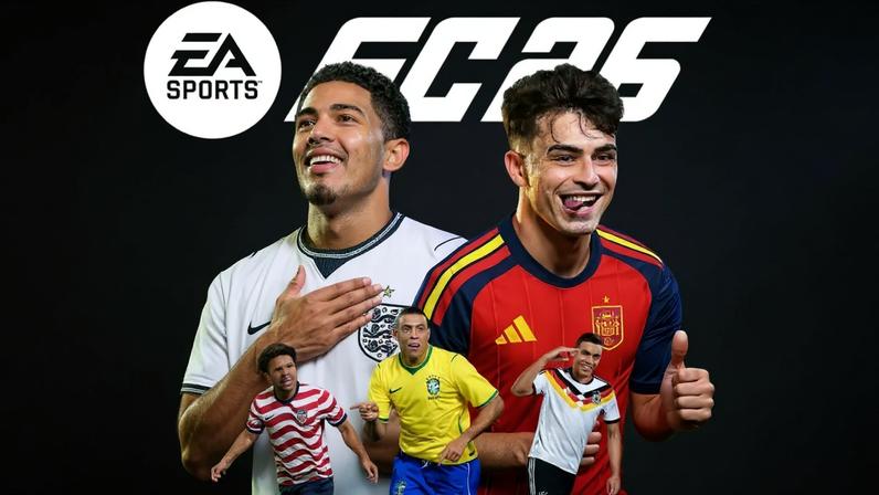 Capa do jogo FC26 com dois jogadores de futebol em destaque: um sorrindo com a mão no peito, vestindo camisa branca da Inglaterra, e outro com a língua para fora, vestindo camisa vermelha da Espanha, fazendo sinal de positivo. Abaixo, quatro jogadores menores em campo, representando Brasil, EUA e Alemanha. O logo EA Sports está no canto superior esquerdo, e THE WORLDS GAME EDITION no topo