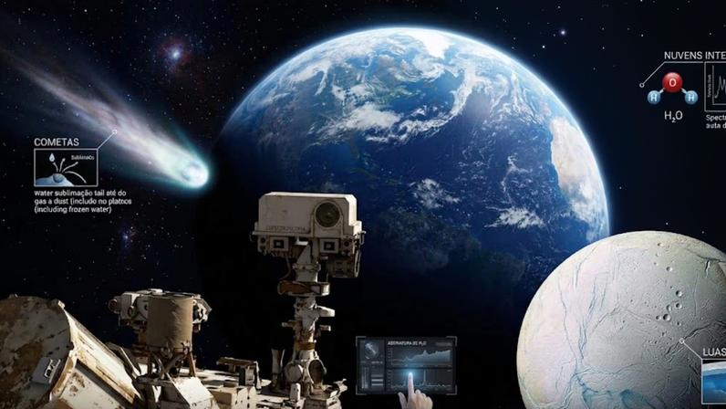 Água não é exclusividade da Terra: ela está espalhada pelo Universo. (Imagem: Fala Ciência via Gemini)