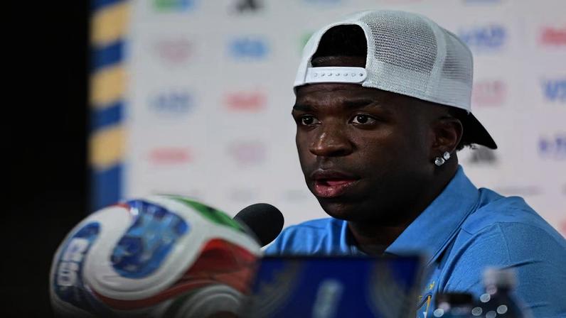 Soccer Football - FIFA World Cup 2026 - Brazil Press Conference - New York/New Jersey Stadium, East Rutherford, New Jersey, U.S. - June 12, 2026 Brazil's Vinicius Junior during the press conference