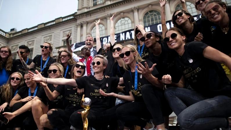 Members of the World Cup-winning U.S. women's team take part in a ticker-tape parade in New York City.