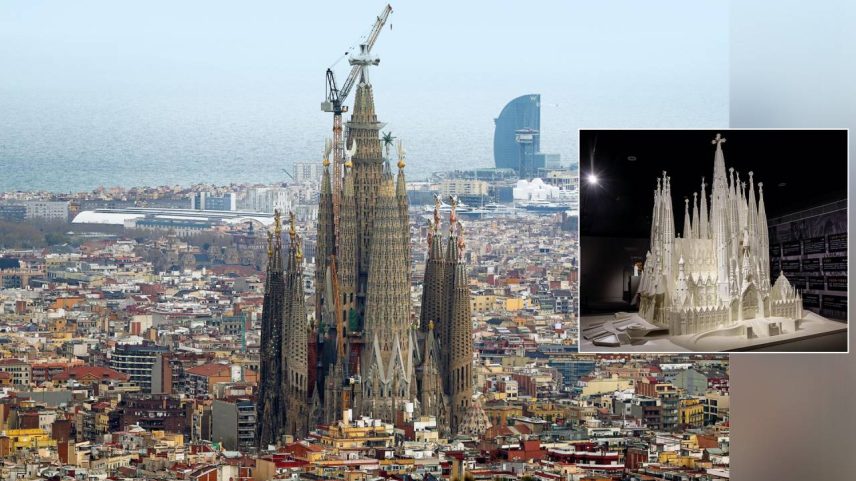 DIVINA - O cartão-postal de Barcelona hoje, com a nova construção, e a maquete projetada pelo arquiteto: basílica mais alta do mundo, com 172,5 metros (Joan Valls/Urbanandsport/NurPhoto/Getty Images; Zhe Ji/Getty Images)