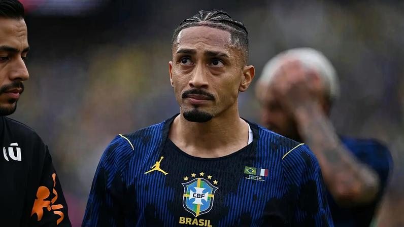 FOXBOROUGH, MASSACHUSETTS - MARCH 26: Raphinha #11 of Brazil leaves the field at the end of the first half during the game between France and Brazil at Gillette Stadium on March 26, 2026 in Foxborough, Massachusetts. (Photo by Stephen Nadler/ISI Photos/ISI Photos via Getty Images)