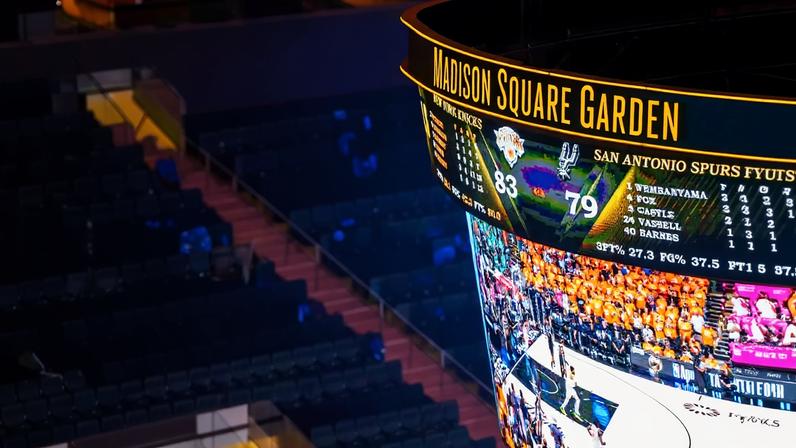 Fans inside Madison Square Garden react at a watch party during Game 1 of the NBA Finals between the Knicks and Spurs.