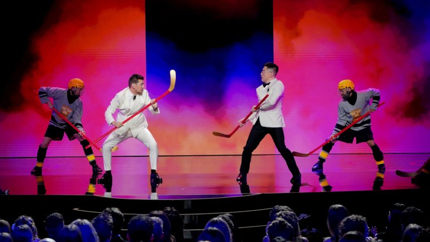 Matt Rogers and Bowen Yang covering 'All the Things She Said' at the 2026 'Las Culturistas' Culture Awards.
