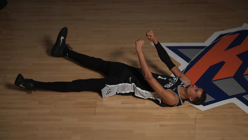 Victor Wembanyama reacts after shooting a 3-pointer en route to a key Game 3 victory against the New York Knicks.