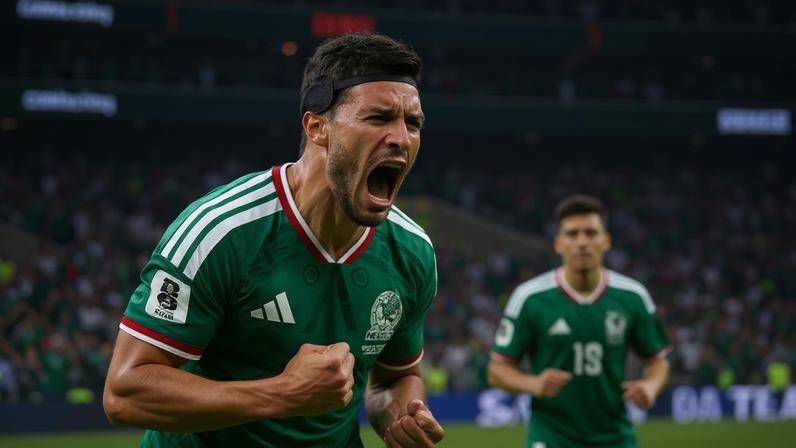 Raúl Jiménez celebrates scoring Mexico's second goal, his first in a World Cup.