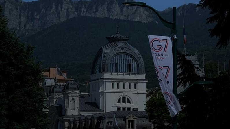 EVIAN-LES-BAINS, FRANCE - JUNE 13: A G7 flag is displayed ahead of the G7 meeting on June 13, 2026 in Evian-les-Bains, France. This week's G7 summit will take place from June 15-17 in Evian-les-Bains, as leaders grapple with challenges to peace and security for Ukraine and Europe, the situation in the Middle East, and other geopolitical issues. (Photo by Harold Cunningham/Getty Images)