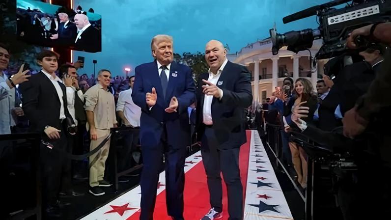 WASHINGTON, DC - JUNE 14: U.S. President Donald Trump and UFC President and CEO Dana White walk out of the White House onto the South Lawn for the UFC Freedom 250 fight on June 14, 2026 in Washington, DC. President Trump is hosting a series of Ultimate Fighting Championship matches on his 80th birthday, which the White House is calling "a once-in-a-generation celebration of the American fighting spirit.” (Photo by Chip Somodevilla/Getty Images)