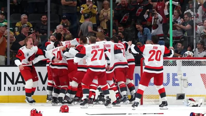The Hurricanes celebrate after closing out Game 6 against the Golden Knights to win the Stanley Cup on Sunday.