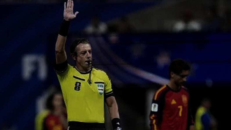 Referee Raphael Claus gestures during the FIFA World Cup 2026 Group H match between Spain and Saudi Arabia at Atlanta Stadium on June 21, 2026 in Atlanta, Georgia. (Photo by Jose Breton/Pics Action/NurPhoto via Getty Images)