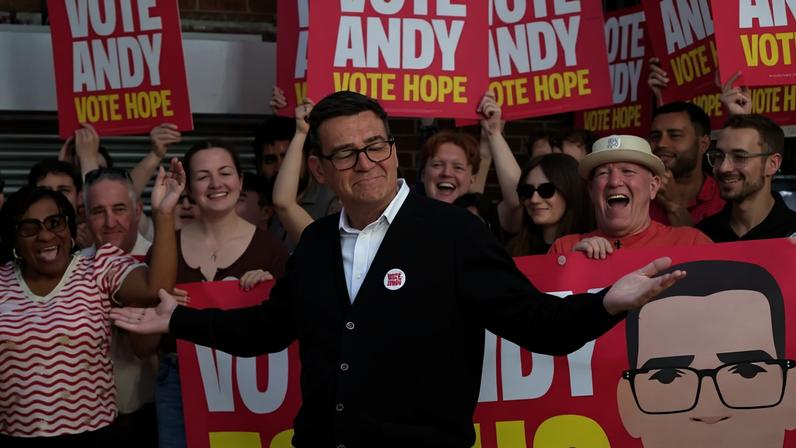prefeito da Grande Manchester e candidato do Partido Trabalhista, Andy Burnham, cumprimenta apoiadores na sede da campanha trabalhista no Stubshaw Cross Community and Sports Club. 18/06/2026 - (Christopher Furlong/Getty Images)