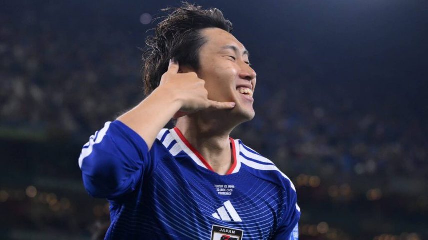 Daichi Kamada celebrates after giving Japan an early lead against Tunisia