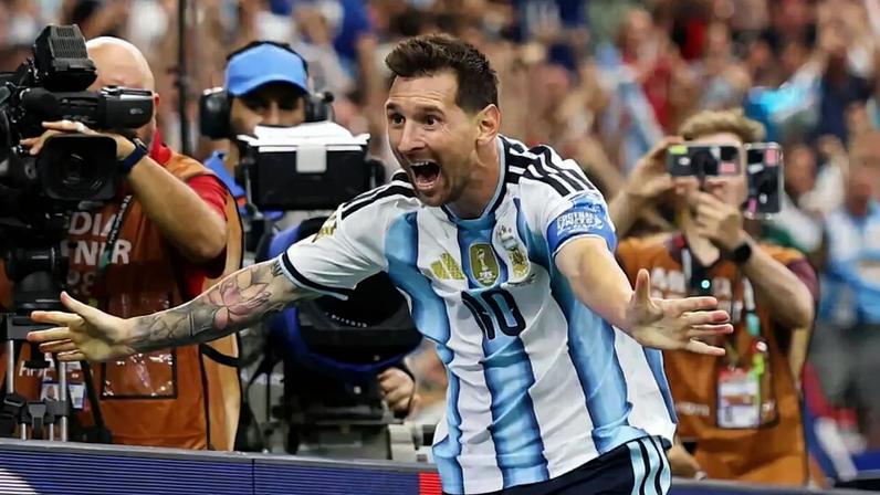 Messi celebrates his second goal in the win against Austria