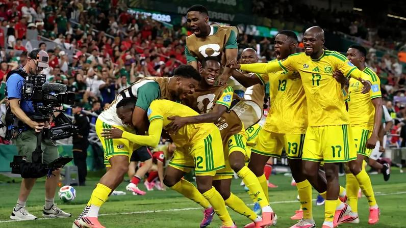 Thapelo Maseko of South Africa celebrates with teammates after scoring the team's first goal during the FIFA World Cup 2026 Group A match between South Africa and Korea Republic at Monterrey Stadium on June 24, 2026.