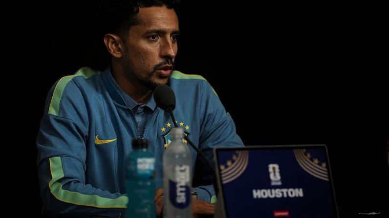 Marquinhos, capitão da seleção brasileira, em coletiva de imprensa neste domingo, 28 (Michael Regan - FIFA/FIFA/Getty Images)