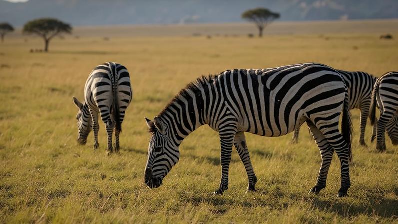 As listras das zebras confundem insetos e aumentam suas chances de sobrevivência na natureza. (Imagem: Fala Ciência via Gemini)
