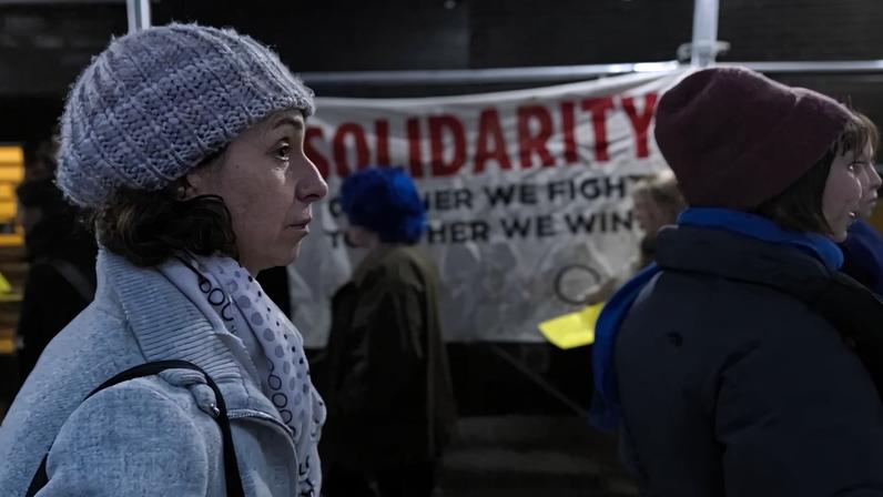 Protesters outside New York's New School in December.