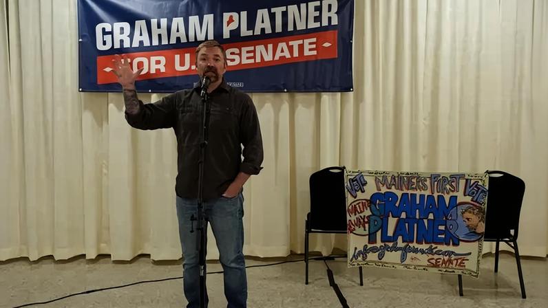 Graham Platner speaking at a campaign event in Portland.