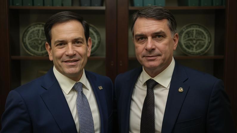 O secretário de Estado dos EUA, Marco Rubio (esq.), e o senador Flávio Bolsonaro. 27/05/2026 - (X/Reprodução)