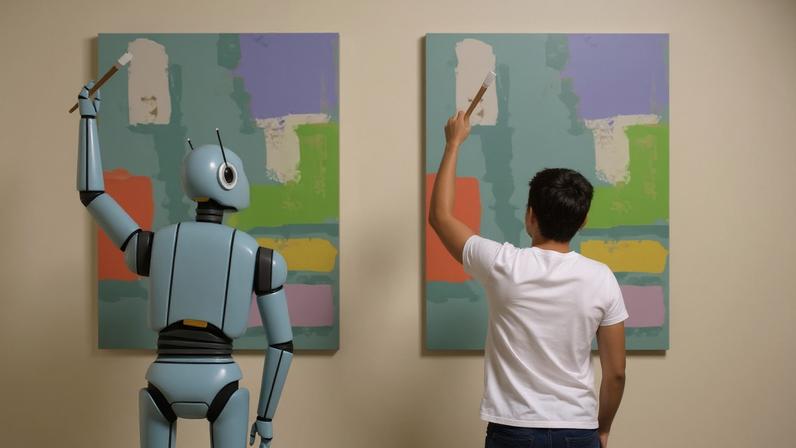 Ilustração colorida onde um robô imita um humano na pintura de um quadro - Metrópoles.