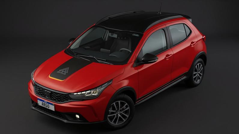 Fiat Argo Trekking 2026 vermelho, visto de cima, com fundo claro e faróis acesos
