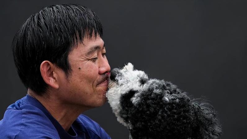 Hajime Moriyasu, técnico do Japão, brinca com cachorro após deixar centro de treinamento em Nashville.
