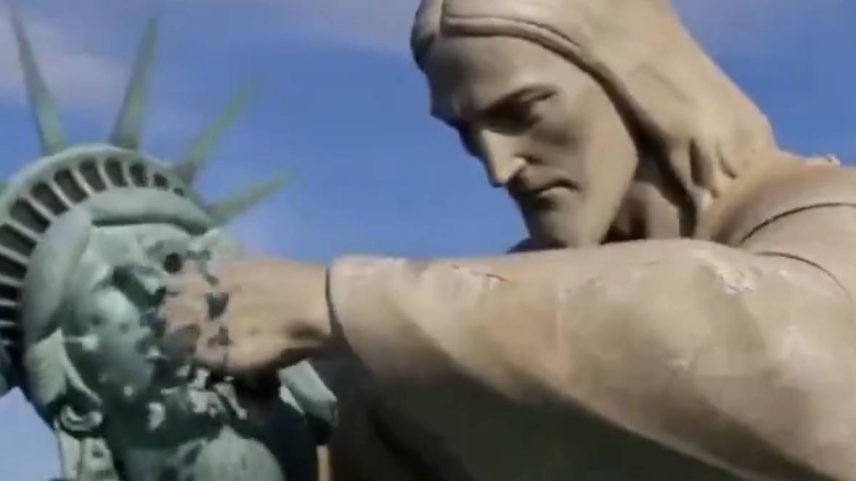 Vídeo feito por IA e publicado no X pela Embaixada iraniana na Tunísia mostrando o Cristo Redentor e a Estátua da Liberdade lutando.