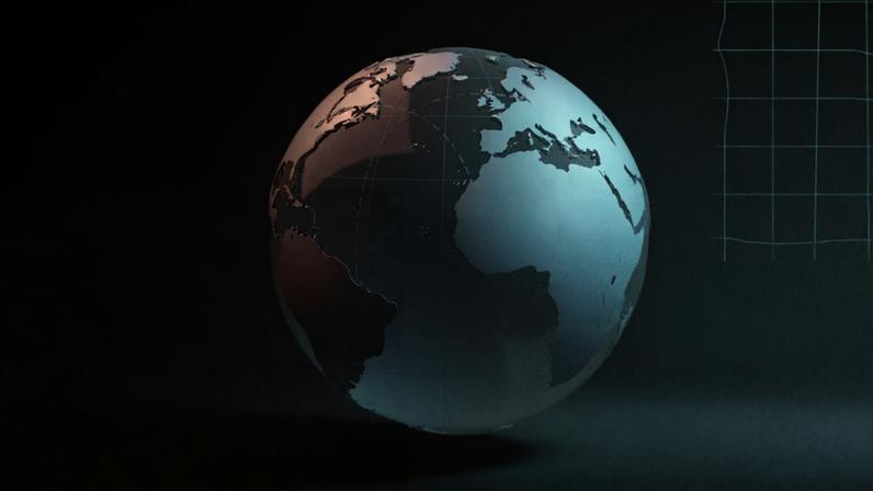 A imagem mostra uma representação estilizada do globo terrestre em tons de roxo, azul e rosa sobre um fundo roxo. Pilhas de cédulas estão distribuídas em diferentes locais do globo, conectadas por linhas pontilhadas que indicam fluxo entre localidades, sugerindo uma conexão global. No canto direito, uma grade geométrica sugere precisão, com cores vibrantes acentuando o tema de finanças e transações internacionais.