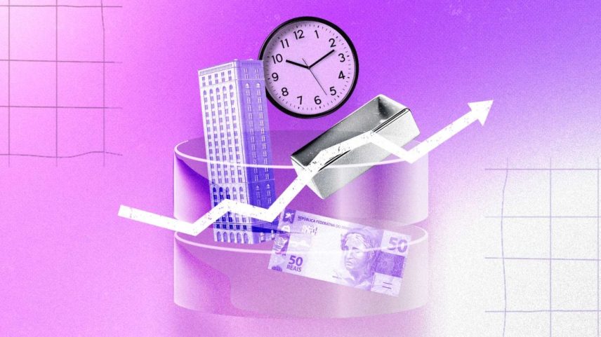 Ilustração conceitual sobre investimentos e mercado financeiro, com gráfico de alta em seta branca, relógio analógico, edifício corporativo, barra metálica e nota de 50 reais, dispostos sobre bases circulares. Fundo roxo com grades sugere tempo, crescimento econômico, renda, ativos financeiros e planejamento de longo prazo.