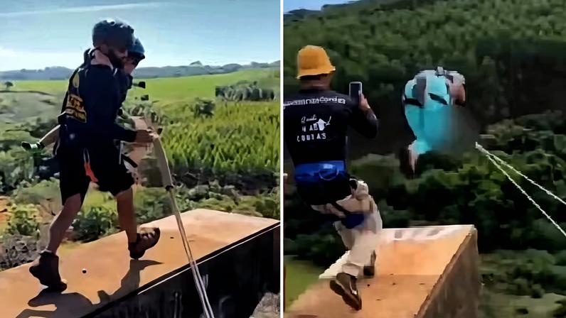 Imagens mostram crianças presas ao corpo de adultos saltando de uma ponte de 40 metros
