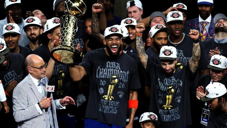 Knicks championship - Karl-Anthony towns celebrates.