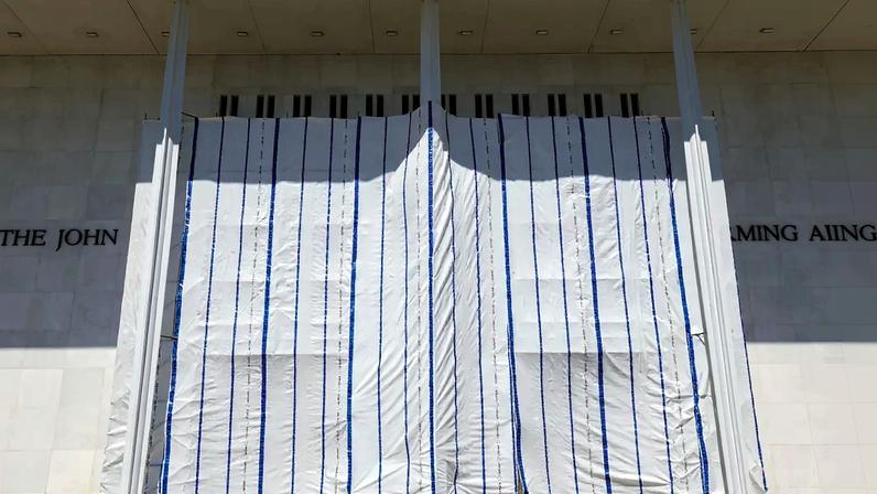 Tarps are hung on scaffolding outside The Kennedy Center on June 13, 2026 in Washington, DC.