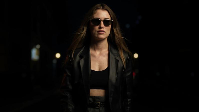 Mulher branca e jovem, de cabelos longos castanhos, andando pelas ruas de Nova York durante a semana de moda. Ela veste jaqueta preta, top cropped preto, calça cinza e bolsa branca.