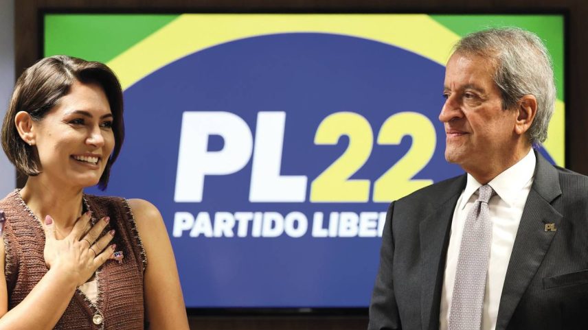 O presidente do PL Valdemar Costa Neto e ex-primeira-dama Michelle Bolsonaro