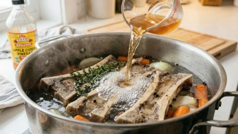 Caldo de ossos eficaz com cozimento lento de mais de 12 horas e vinagre