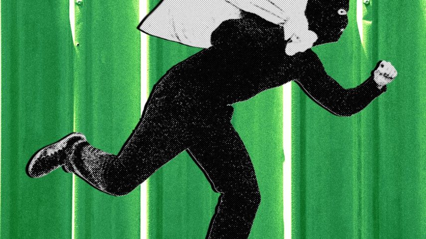 Illustration of a robber with a bag containing a Tesla logo.
