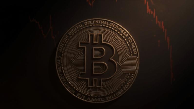 Moeda de Bitcoin em vermelho por perdas e gráfico de queda