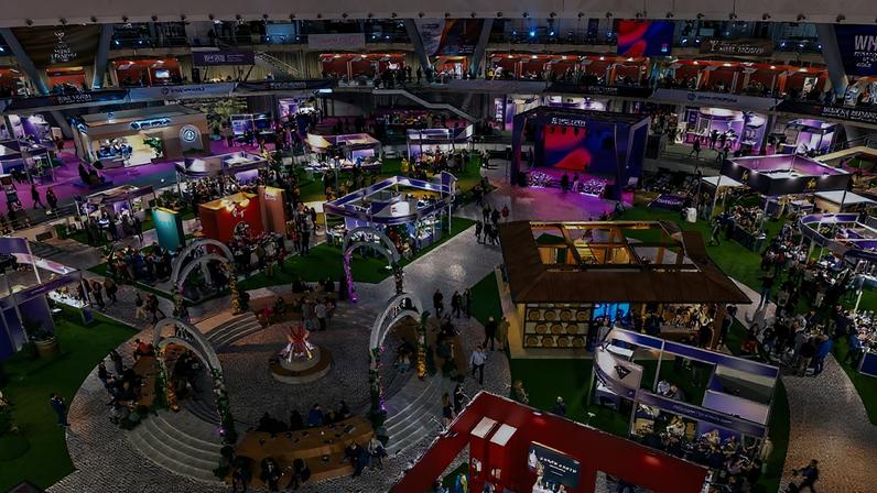 A birds-eye view of Wine Vision in Belgrade, 2025, with lots of different stands and people in view