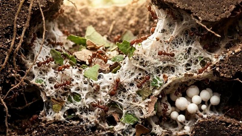 As formigas cultivam alimentos há milhões de anos. Sim, elas têm fazendas! (Imagem: Fala Ciência via Gemini)